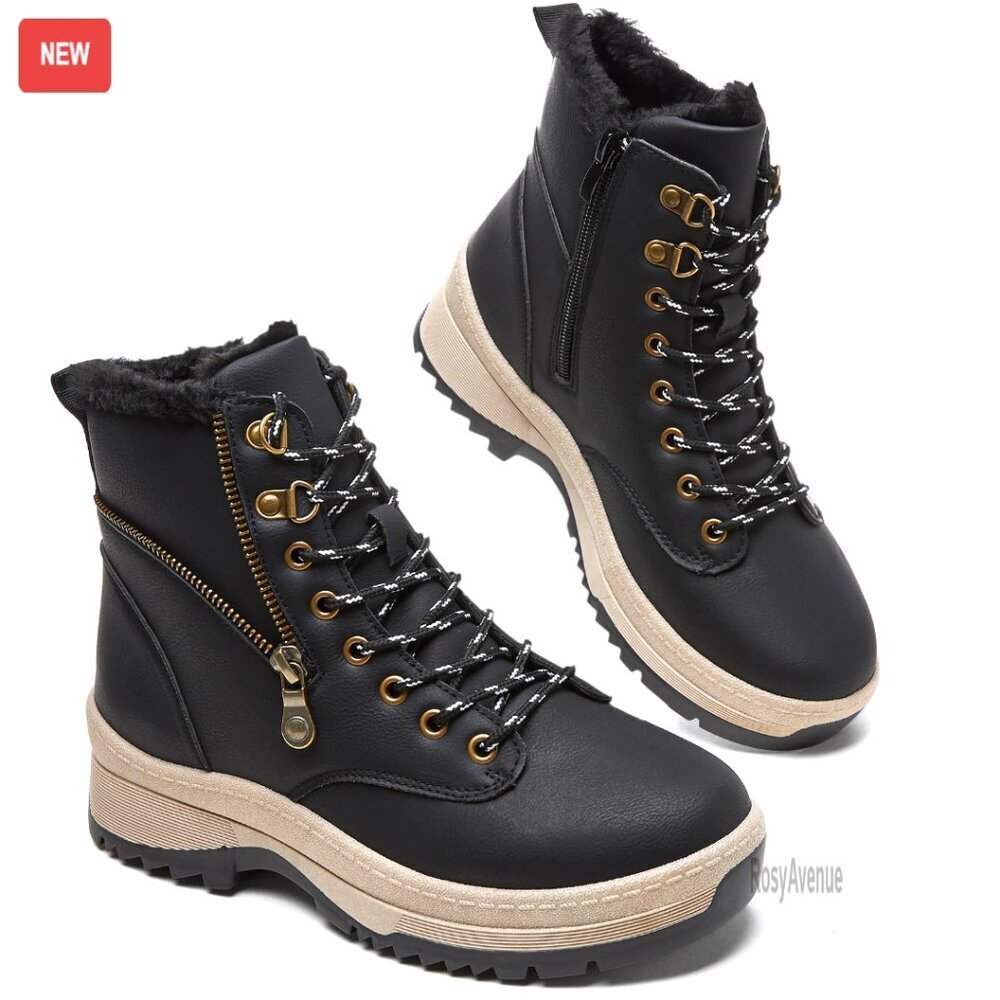 Women's Waterproof Ankle Boots with Fur Lining Non-Slip Sole for Winter Hiking